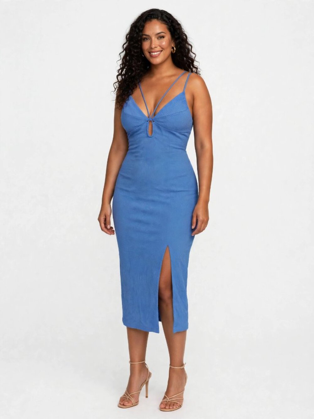 ViX Paula Hermanny Blue Crinkle Midi Dress Plunge Keyhole L